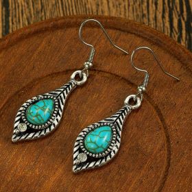 New retro water drop leaf inlaid turquoise earrings ethnic style flower earrings simple alloy bohemian