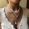 Creative Bohemian Coin Design Pendant Faux Pearl Chain Necklace Baroque Style Neck Jewelry Gift