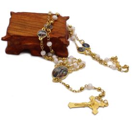 QIGO Crystal Rosary Necklace For Women Long Gold Cross Pendant Religious Jewelry (Color: White)