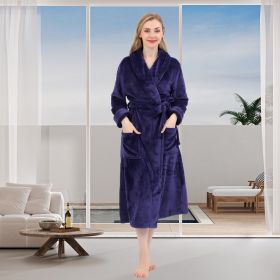 Women's Shaggy Fleece Robe Warm Plush Long Bathrobe for Women shawl collar nightgown with Pockets (Color: Denim Blue, size: M)