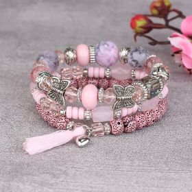 Tassel Butterfly Pendant Multilayer Bracelet Simple Multi-Circle Bead Bracelet Bohemian Bracelet (Color: Pink)