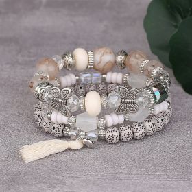 Tassel Butterfly Pendant Multilayer Bracelet Simple Multi-Circle Bead Bracelet Bohemian Bracelet (Color: White)