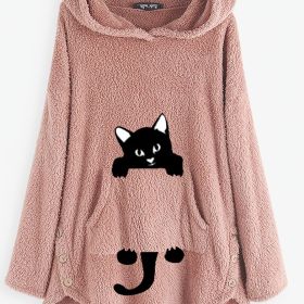 Plus Size Cartoon Cat Print Hoodie Fuzzy Sweatshirt; Women's Plus Pocket Pullover Casual Fuzzy Sweatshirt (Color: Pink, size: 2XL(16))