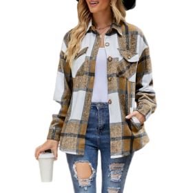 Women Plaid Shirts Flannel Shacket Jacket Coats (Color: Brown, size: 2XL)