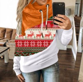 Christmas women's new sweater snowflake elk print stitching Christmas hoodie (Color: Orange, size: XL)