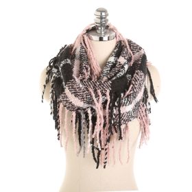 Autumn and winter scarf ladies plaid circle yarn tassel dual-use warm scarf (Color: Pink)