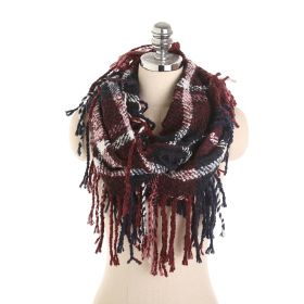 Autumn and winter scarf ladies plaid circle yarn tassel dual-use warm scarf (Color: wine red)