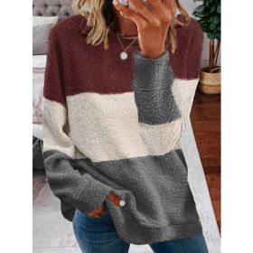 Women's New Hot-selling Autumn and Winter Plush Stitching Contrast Coat Women's Sweater (Color: Burgundy, size: XL)