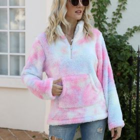 autumn and winter new women's sweater tie-dye zipper stand-up collar pocket long-sleeved plush hoodie (Color: Pink, size: M)