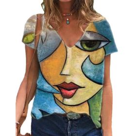 V Neck Tshirt Women's Summer Casual Oversize Print Shirt Tops Loose Vintage Female Tee Short Sleeve Clothes (Color: 10d-1001, size: XXXXL)