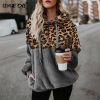 Leopard Zip Up Hoodie Woman Plush Long Sleeve Draw String Women Hooded Sweatshirts 2021 Autumn Winter Fashion Pocket Ladies Tops