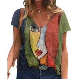 V Neck Tshirt Women's Summer Casual Oversize Print Shirt Tops Loose Vintage Female Tee Short Sleeve Clothes (Color: 10d-1002, size: L)