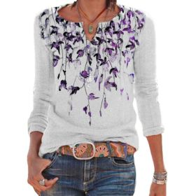 new autumn and winter women's clothing V-neck printing loose long-sleeved bottoming T-shirt blouse (Color: Purple, size: XL)