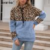 Leopard Zip Up Hoodie Woman Plush Long Sleeve Draw String Women Hooded Sweatshirts 2021 Autumn Winter Fashion Pocket Ladies Tops