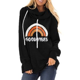 2021 autumn and winter women's new drawstring hooded sweater GOOD VIBES rainbow print loose pile collar hooded hoodie (Color: Black, size: L)