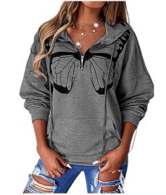 Women's Lapel Zipper Sweatshirt Drawstring Pullover Tops (Color: Gray, size: M)