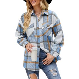 Womens Long Sleeve Plaid Shirts Flannel Lapel Button Down Shacket Jacket Coats (Color: Blue, size: M)