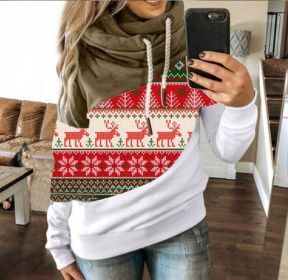 Christmas women's new sweater snowflake elk print stitching Christmas hoodie (Color: Army Green, size: L)