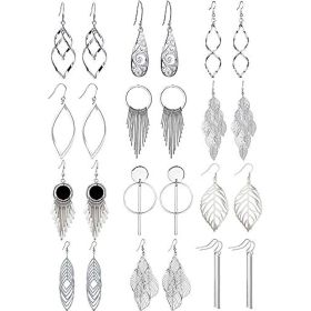 12 Pairs Drop Dangle Earrings boho Fashion Jewelry Vintage Statement Boho Bohemian Earrings Set for Women Girls (Color: 1-Silver)