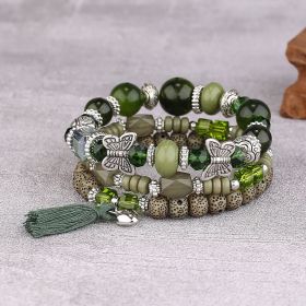 Tassel Butterfly Pendant Multilayer Bracelet Simple Multi-Circle Bead Bracelet Bohemian Bracelet (Color: Green)