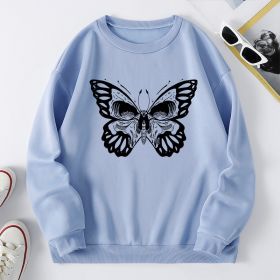 Women's clothing new butterfly print round neck Plush large edition sweater (women) (Color: Light blue, size: S)