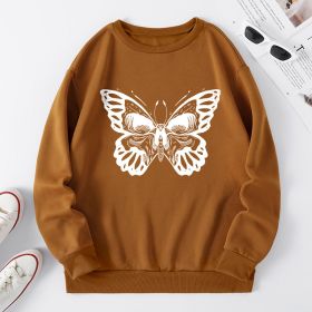 Women's clothing new butterfly print round neck Plush large edition sweater (women) (Color: Brown, size: L)