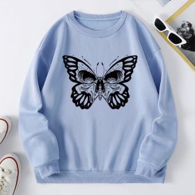 Women's clothing new butterfly print round neck Plush large edition sweater (women) (Color: Light blue, size: L)