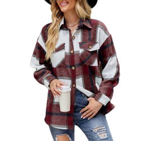 Womens Long Sleeve Plaid Shirts Flannel Lapel Button Down Shacket Jacket Coats (Color: Red, size: XL)