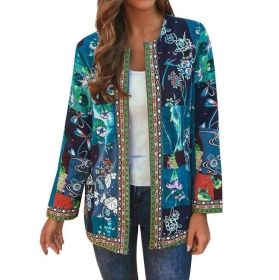 Vintage Bohemian Floral Cardigan (Color: Blue, size: S)