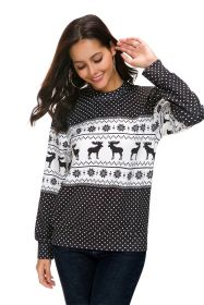 Christmas round neck polka dot Christmas deer print long-sleeved T-shirt sweater (Color: Black, size: L)