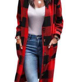 Plus Size Plaid Pattern Pockets Longline Coat; Women's Plus Long Sleeve Casual Coat (Color: Red, size: 1XL(14))