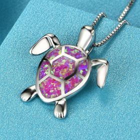 Bohemian Fire Opal Necklace For Women Silver Color Blue White Green With Large Tortoise Pendants (Color: Pink)