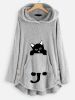 Plus Size Cartoon Cat Print Hoodie Fuzzy Sweatshirt; Women's Plus Pocket Pullover Casual Fuzzy Sweatshirt