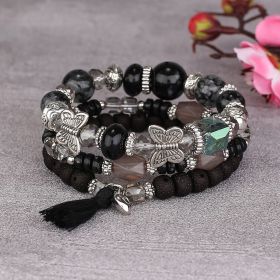 Tassel Butterfly Pendant Multilayer Bracelet Simple Multi-Circle Bead Bracelet Bohemian Bracelet (Color: Black)