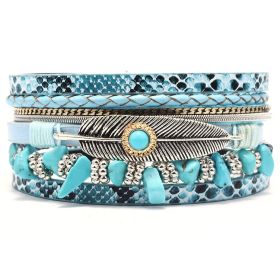 Multi-layer Bracelet Pu Leather Magnetic Buckle Bohemian Wrap Bracelet Vintage Style Hand Jewelry Snakeskin Pattern (Color: Lake blue)