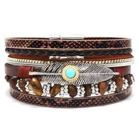 Multi-layer Bracelet Pu Leather Magnetic Buckle Bohemian Wrap Bracelet Vintage Style Hand Jewelry Snakeskin Pattern (Color: Brown)