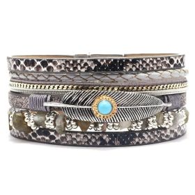 Multi-layer Bracelet Pu Leather Magnetic Buckle Bohemian Wrap Bracelet Vintage Style Hand Jewelry Snakeskin Pattern (Color: Gray)