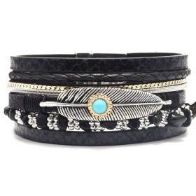 Multi-layer Bracelet Pu Leather Magnetic Buckle Bohemian Wrap Bracelet Vintage Style Hand Jewelry Snakeskin Pattern (Color: Black)