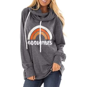 2021 autumn and winter women's new drawstring hooded sweater GOOD VIBES rainbow print loose pile collar hooded hoodie (Color: Grey, size: M)