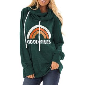 2021 autumn and winter women's new drawstring hooded sweater GOOD VIBES rainbow print loose pile collar hooded hoodie (Color: Green, size: XXL)