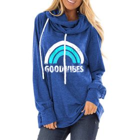 2021 autumn and winter women's new drawstring hooded sweater GOOD VIBES rainbow print loose pile collar hooded hoodie (Color: Blue, size: M)