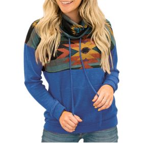 New Autumn and Winter Women's Sun Totem Print Ethnic High-neck Hooded Sweater (Color: Blue, size: S)