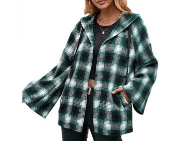 Flannel Plaid Hooded Flare Sleeve Sweatshirt Jacket (Color: Green, size: M)