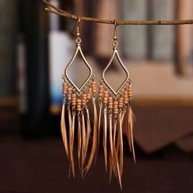 Ornament Colorful Beads Tassel Feather Earrings Women Bohemian Style Cross-border Earrings European And American Jewelry (Color: DC1528 1 Light Coffee Color)