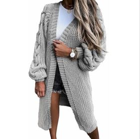 Lantern Sleeve Knitted Twist Cardigan Sweater (Color: Gray, size: M)