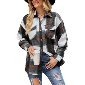 Womens Long Sleeve Plaid Shirts Flannel Lapel Button Down Shacket Jacket Coats (Color: Black, size: M)