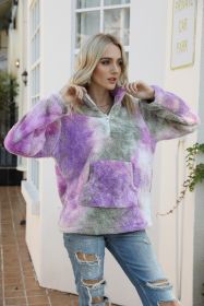 autumn and winter new women's sweater tie-dye zipper stand-up collar pocket long-sleeved plush hoodie (Color: gray&purple, size: XL)