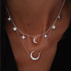 Vintage Crystal Pendant Necklace For Women Bohemian Multilayer Star Moon Crystal Layered Collar Necklace Jewelry Party Gift (Metal Color: IPAZL34-2)